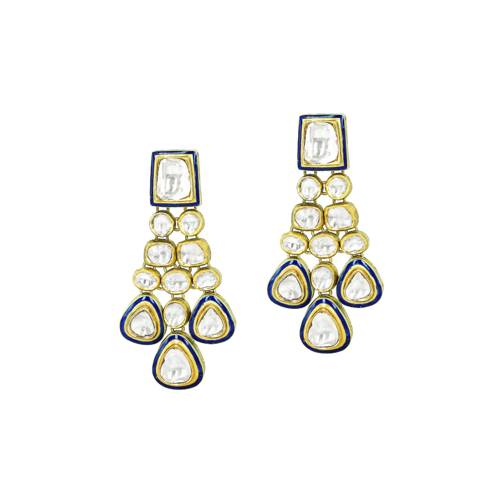 Cascading Polki Earrings with Blue Enamel